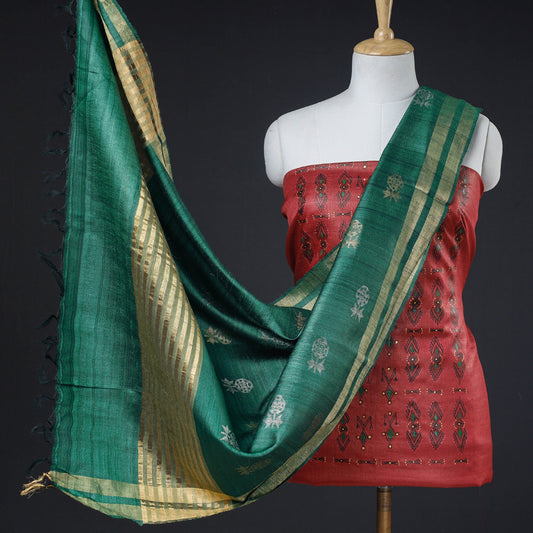 Red - 2pc Godna Handpainted Tussar Silk Suit Material with Zari Buta Dupatta