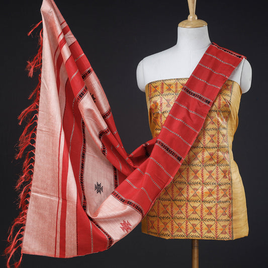 Yellow - 2pc Godna Handpainted Tussar Silk Suit Material with Oraon Weave Dupatta