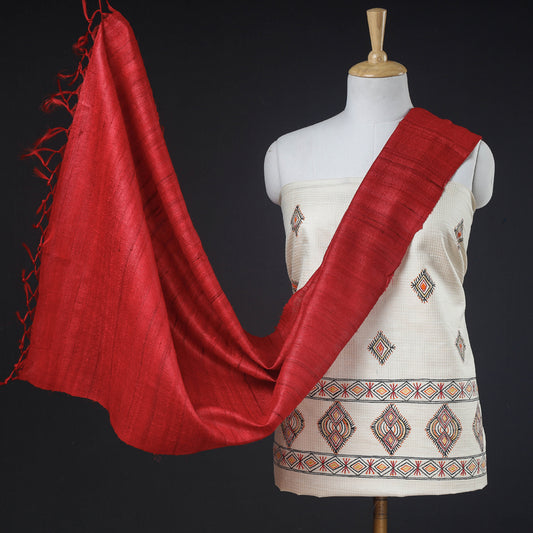 White - 2pc Godna Handpainted Tussar Silk Suit Material Set