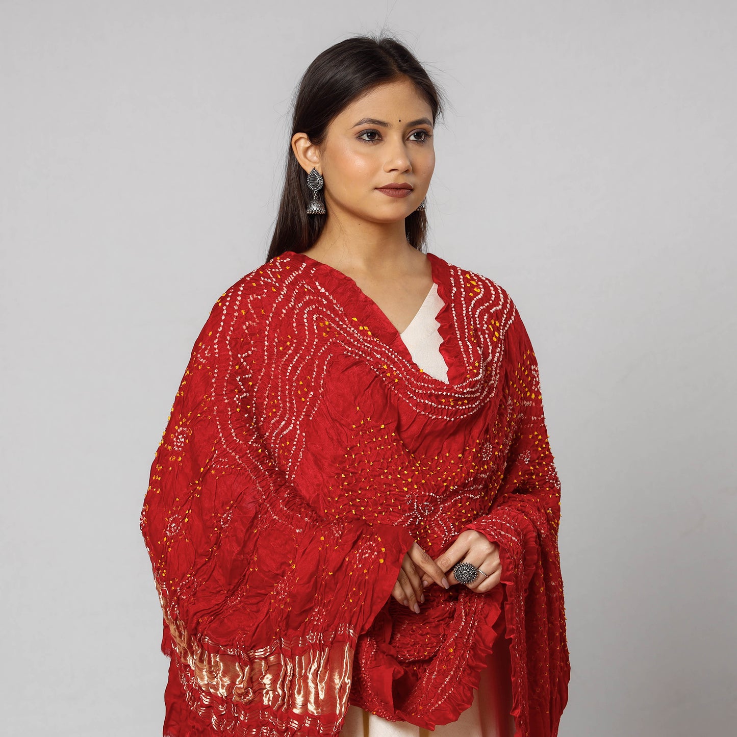 Kutch Chandrokhani Bandhani Tie-Dye Gajji Silk Dupatta with Zari Border