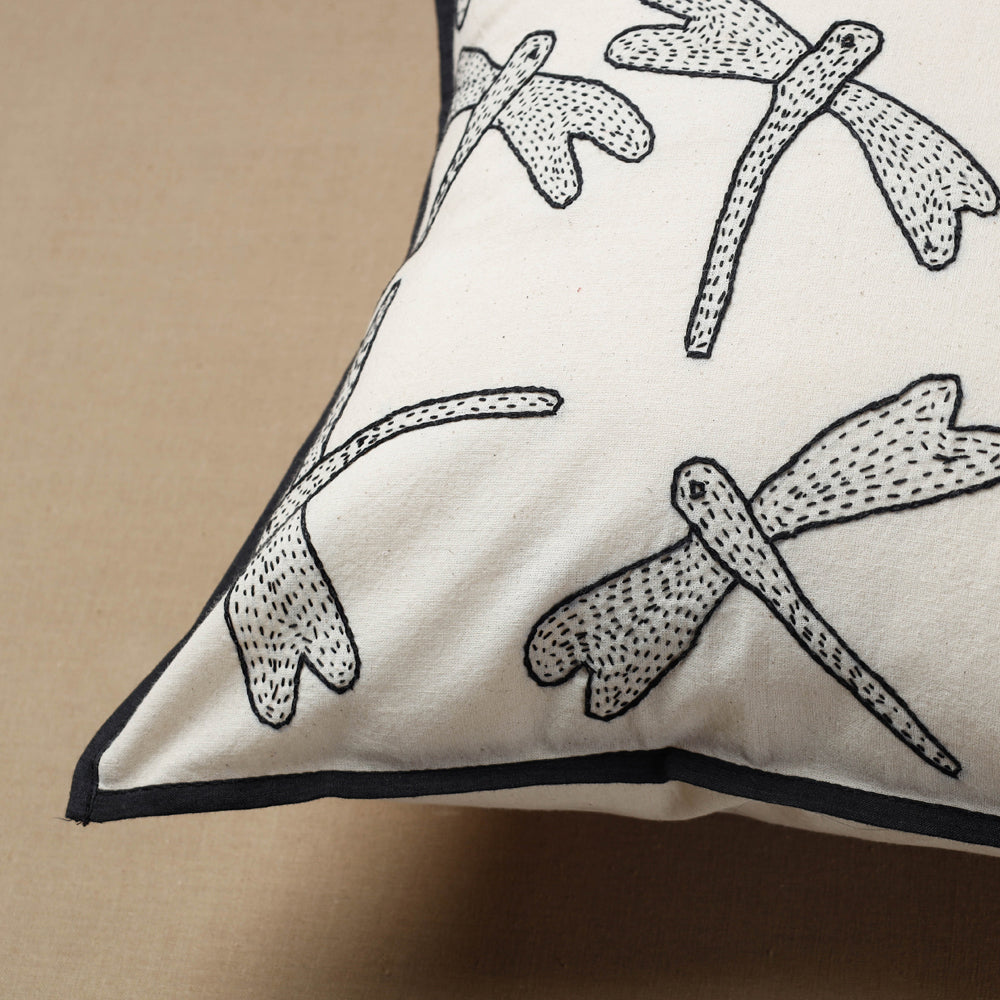 White - Bakhiya Tanka Embroidered Cotton Cushion Cover (16 x 16 in)
