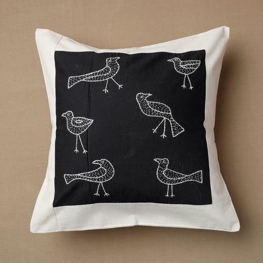 Black - Bakhiya Tanka Embroidered Cotton Cushion Cover (16 x 16 in)