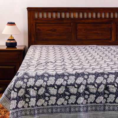 Black - Sanganeri Block Printing Cotton Single Bed Cover (90 x 60 in)