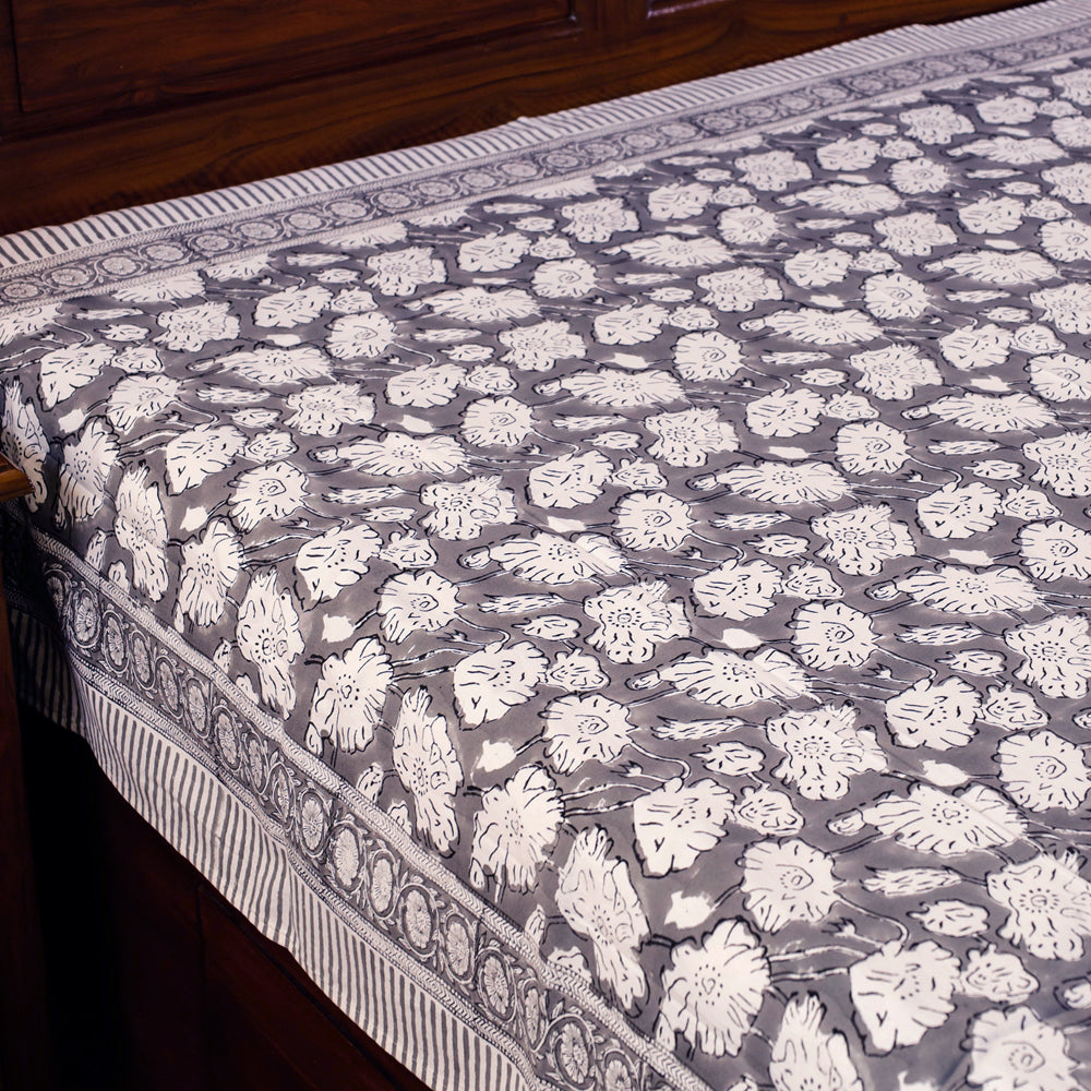 Black - Sanganeri Block Printing Cotton Single Bed Cover (90 x 60 in)