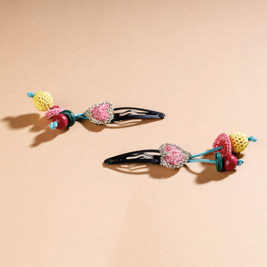 Samoolam Handmade Crochet Flower Hair Clips Set ❤ Pink Heart