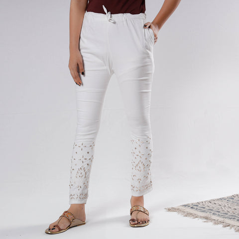 White - Lucknow Chikankari Hand Embroidery Gota Patti Work Cotton Pant (Free Size)