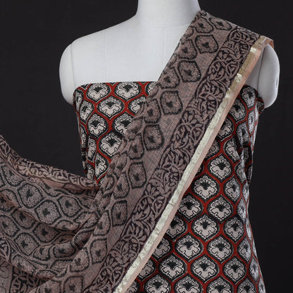 Multicolor - 3pc Bagru Block Print Cotton Suit Material with Kota Doria Dupatta