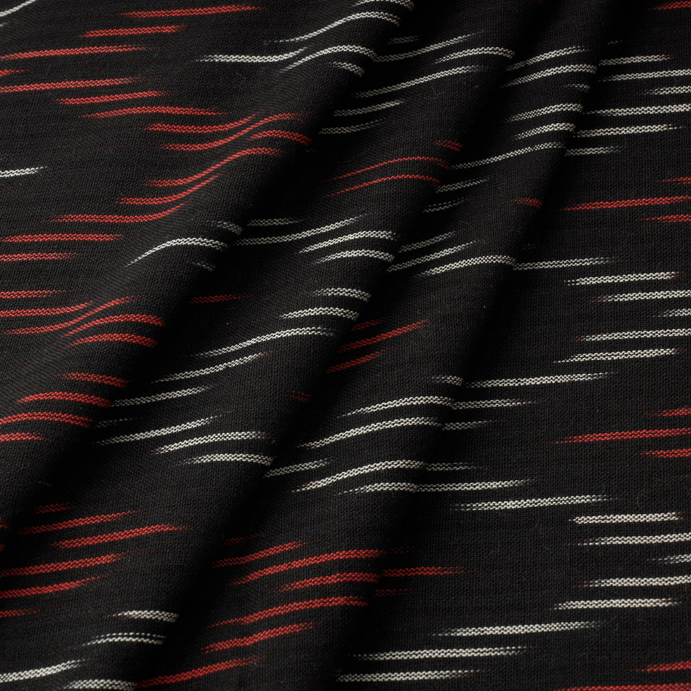 Black - Red & White Lined Chevroned Pattern Pochampally Ikat Weave Pure Cotton Fabric