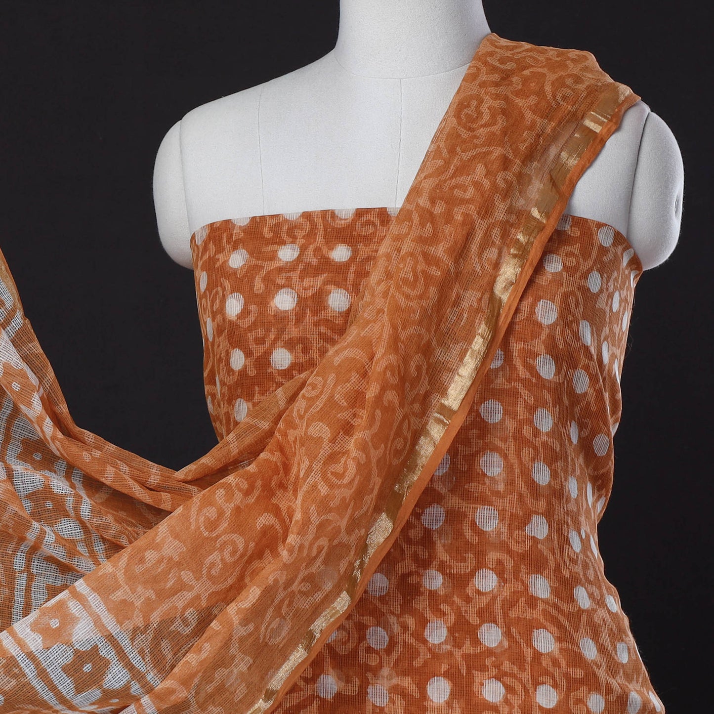 Orange - 3pc Bagru Block Print Kota Doria Cotton Suit Material Set