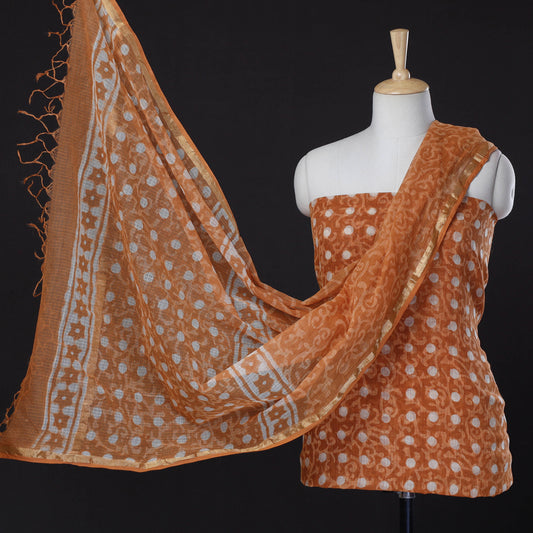 Orange - 3pc Bagru Block Print Kota Doria Cotton Suit Material Set