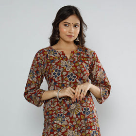  Red Kalamkari Block Printed Cotton Long Kurta For Women
