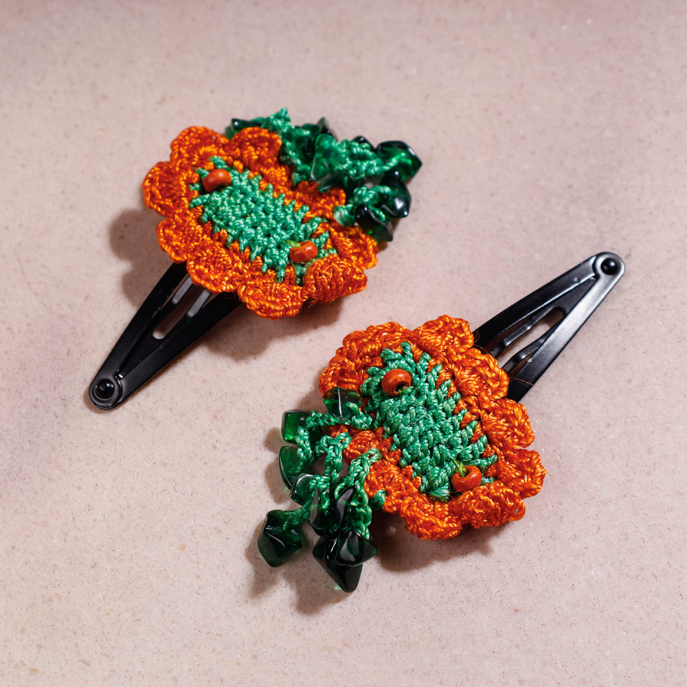 Samoolam Handmade Crochet Flower Hair Clips Set ❤ Orange Clouds