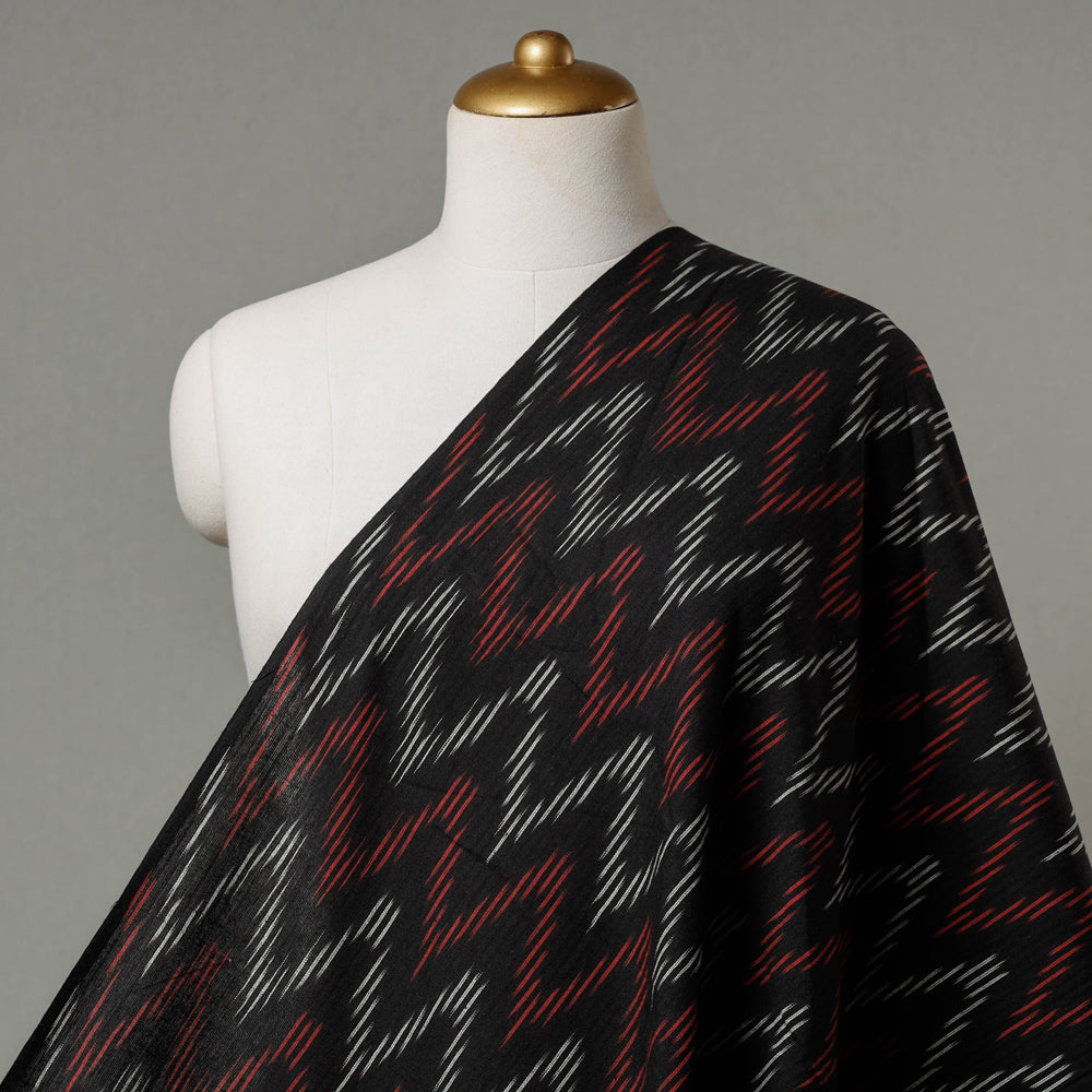Black - Red & White Lined Chevroned Pattern Pochampally Ikat Weave Pure Cotton Fabric