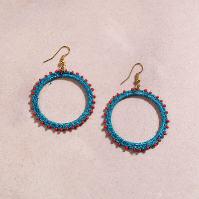 Samoolam Handmade Crochet Hoop Earrings Glass Bead ~ Turquoise Blue