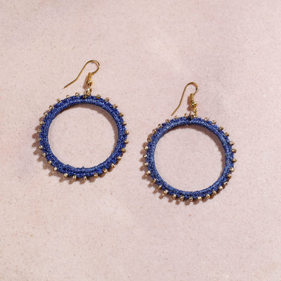 Samoolam Handmade Crochet Hoop Earrings Glass Bead ~ Blue