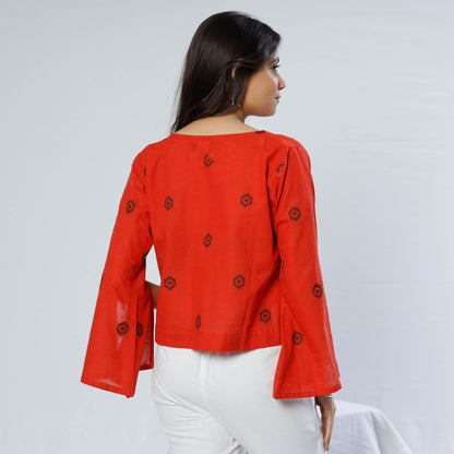 Orange - Crimson Red Jacquard Cotton Crop Top by iTokri Casuals