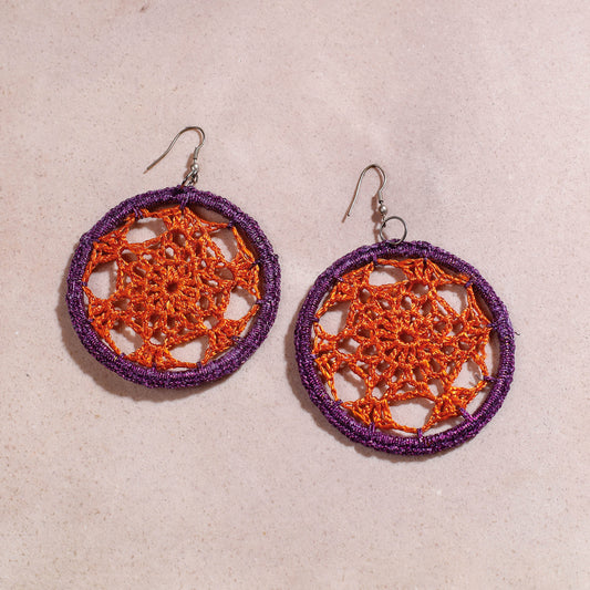 Samoolam Handmade Crochet Spider Web Hoop Earrings ~ Orange
