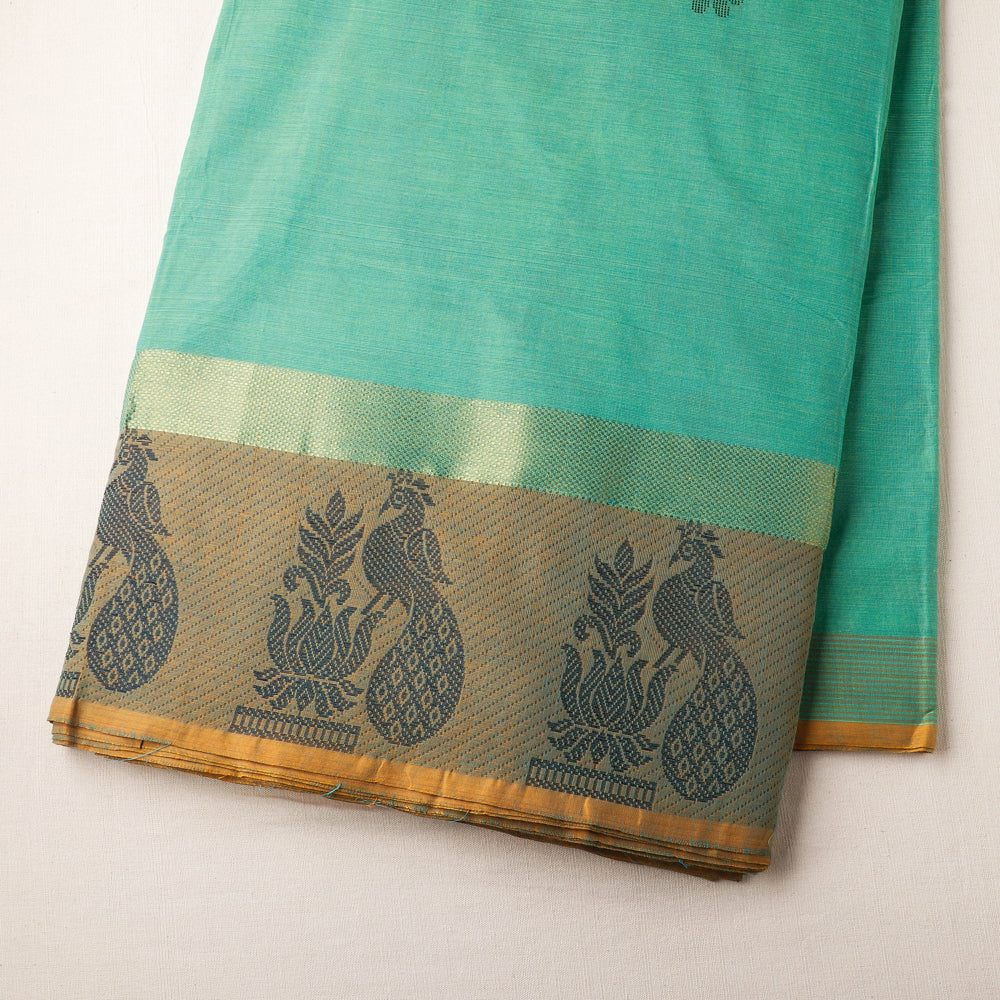 Green - Kanchipuram Cotton Buti Fabric with Thread Border