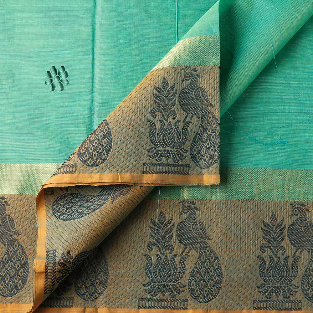 Green - Kanchipuram Cotton Buti Fabric with Thread Border