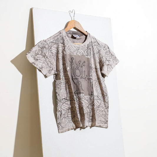 Beige - Bindaas Natural Dyed Art Block Print Round Neck T-shirt in Pure Cotton