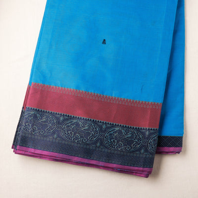 Blue - Kanchipuram Cotton Buti Fabric with Thread Border