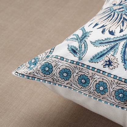 White - Sanganeri Hand Block Printed Cotton Cushion Cover (16 x 16 in)