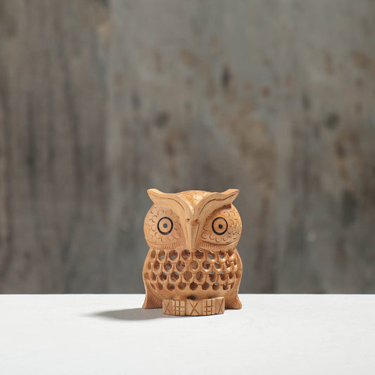 Owl - Hand Carved Kadam Wood Sculpture (3 in)