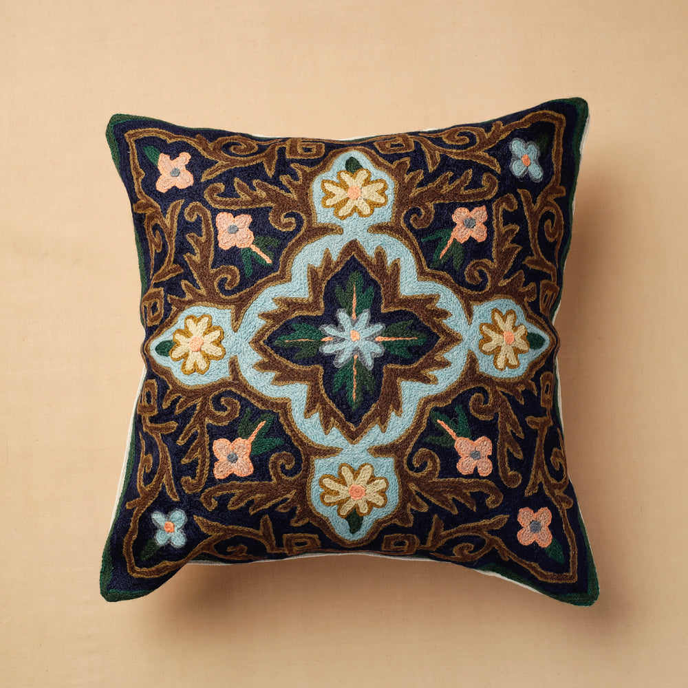 Black - Original Chain Stitch Crewel Wool Thread Hand Embroidery Cushion Cover (16 x 16 in)