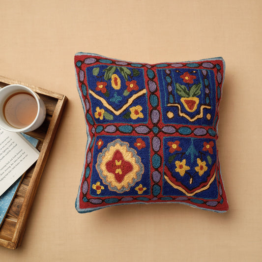 Blue - Original Chain Stitch Crewel Wool Thread Hand Embroidery Cushion Cover (12 x 12 in)