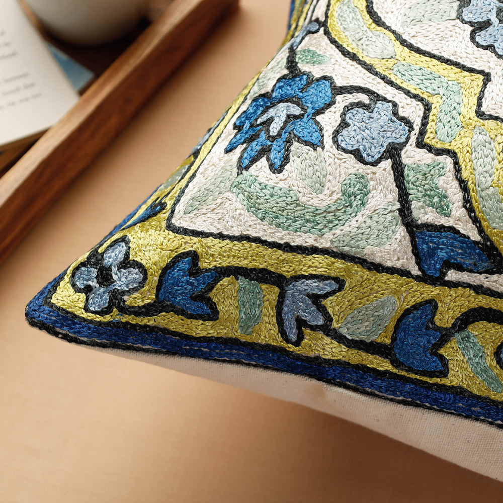 Multicolor - Original Chain Stitch Crewel Silk Thread Hand Embroidery Cushion Cover (16 x 16 in)