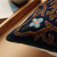 Black - Original Chain Stitch Crewel Wool Thread Hand Embroidery Cushion Cover (16 x 16 in)