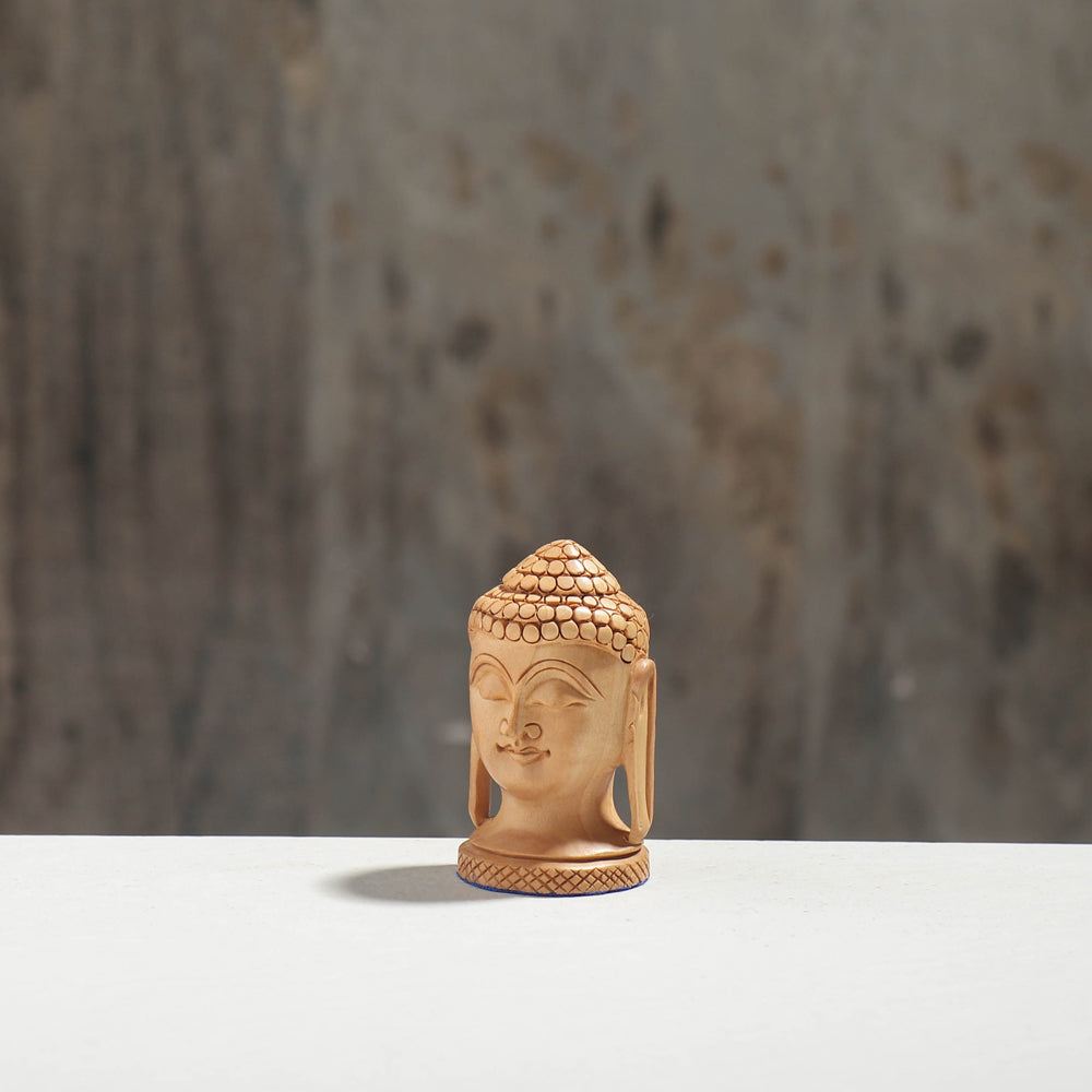 Lord Buddha Head - Hand Carved Kadam Wood Sculpture (3.3 in)