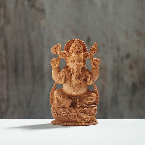 Lord Ganesha - Hand Carved Kadam Wood Handpainted Sculpture