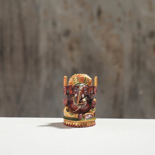 Lord Ganesha - Hand Carved Kadam Wood Handpainted Sculpture (2.5 in)