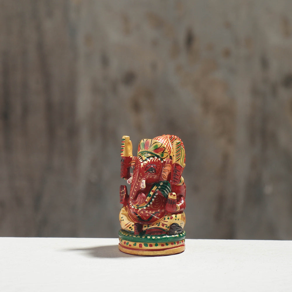 Lord Ganesha - Hand Carved Kadam Wood Handpainted Sculpture (3 in)