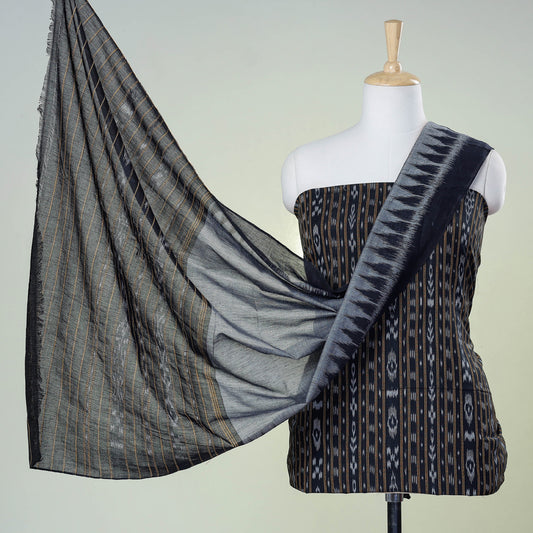 Black - 3pc Sambalpuri Handloom Ikat Cotton Suit Material Set