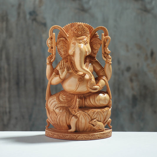 Lord Ganesha - Hand Carved Kadam Wood Sculpture (8.2 in)