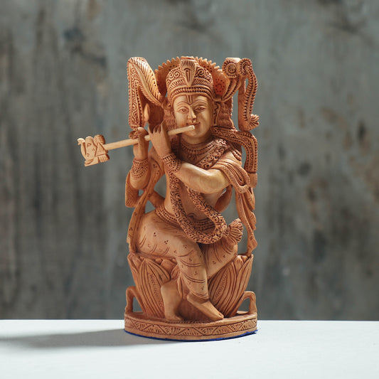 Lord Krishna - Hand Carved Kadam Wood Sculpture (8 in)