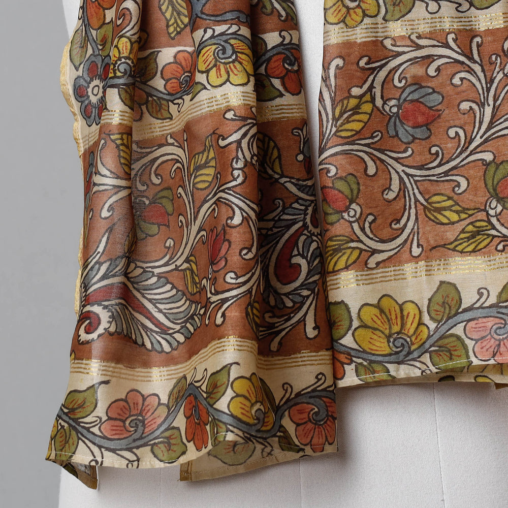 Brown - Kalamkari Handpainted Pure Handloom Chanderi Silk Stole