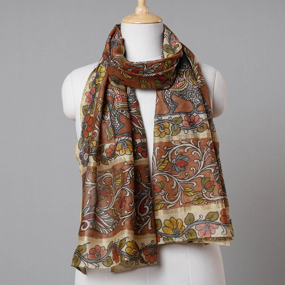 Brown - Kalamkari Handpainted Pure Handloom Chanderi Silk Stole