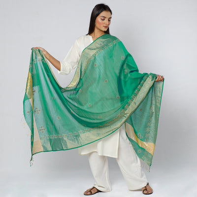 Green - Gavanti Kasuti Embroidery Handloom Maheshwari Silk Dupatta