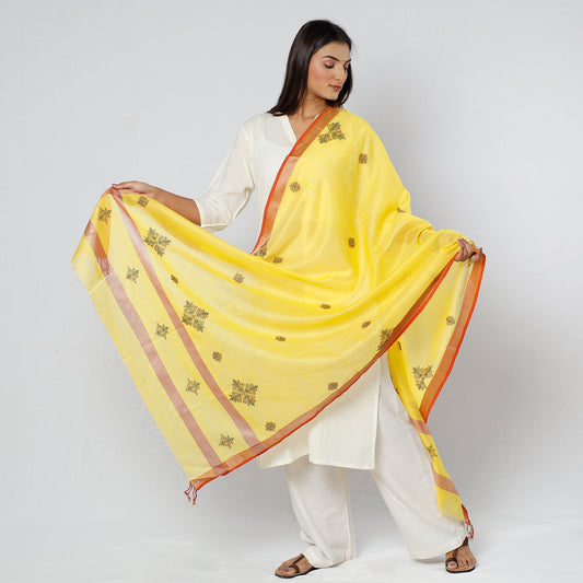Yellow - Gavanti Kasuti Embroidery Handloom Maheshwari Silk Dupatta