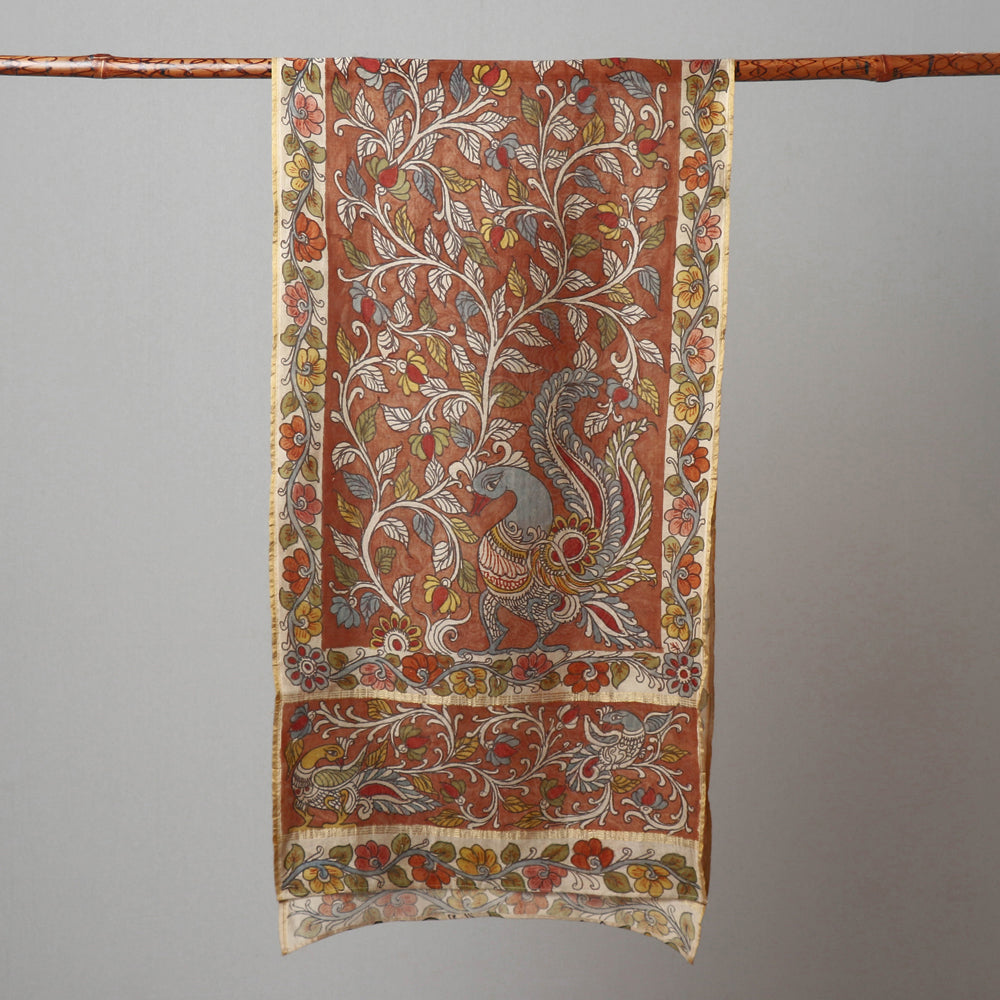 Brown - Kalamkari Handpainted Pure Handloom Chanderi Silk Stole