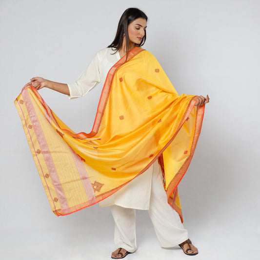 Yellow - Gavanti Kasuti Embroidery Handloom Maheshwari Silk Dupatta