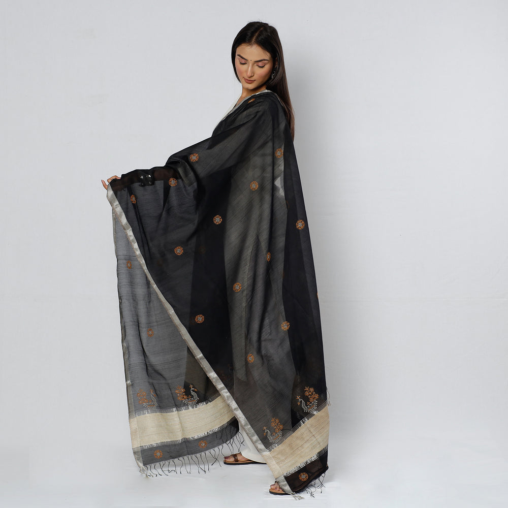 Black - Gavanti Kasuti Embroidery Handloom Maheshwari Silk Dupatta