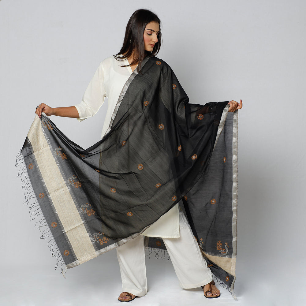 Black - Gavanti Kasuti Embroidery Handloom Maheshwari Silk Dupatta