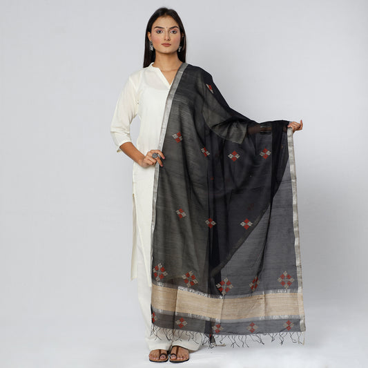 Black - Gavanti Kasuti Embroidery Handloom Maheshwari Silk Dupatta