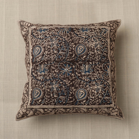 Black - Original Pedana Kalamkari Block Printed Cotton Cushion Cover (16 x 16 in)