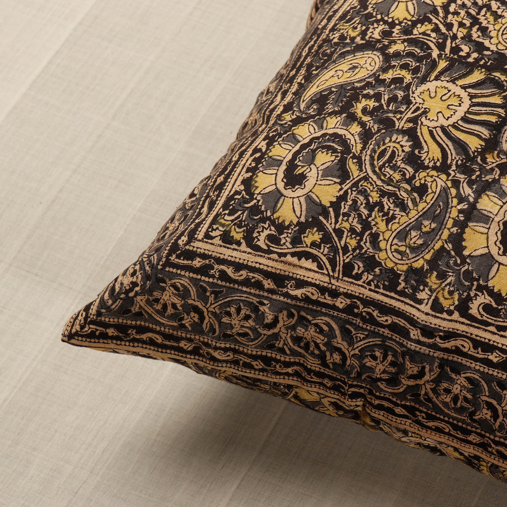 Black - Original Pedana Kalamkari Block Printed Cotton Cushion Cover (16 x 16 in)