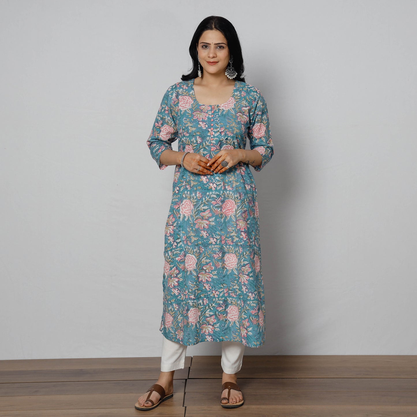 Blue - Sanganeri Block Printing Cotton Long Kurta